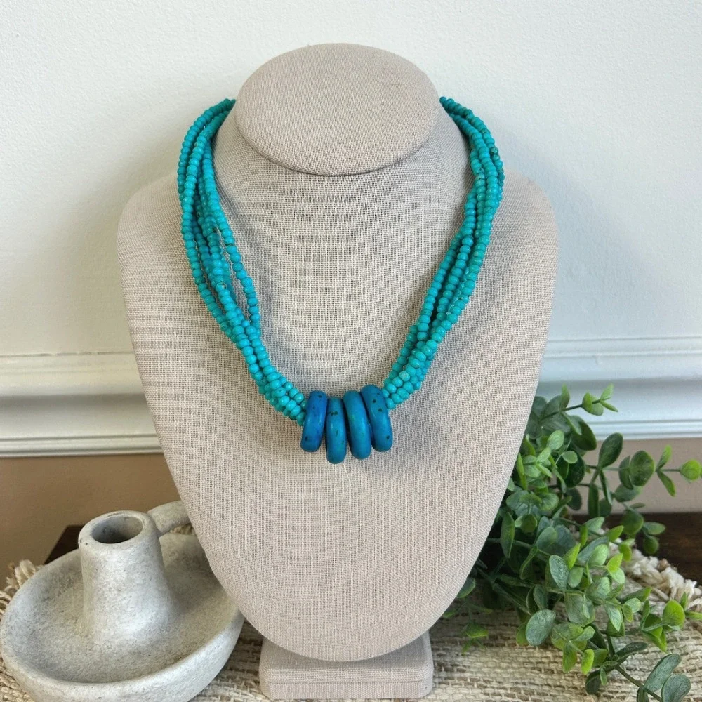 Turquoise Blue Multi Strand Beaded Statement Necklace Boho Southwestern Wooden